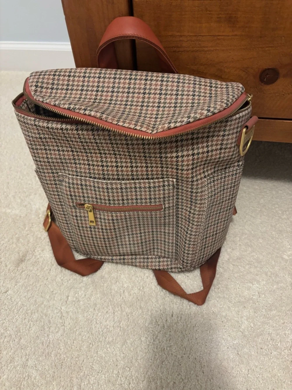 Fawn Design Plaid Convertible Backpack in Brown and Tan with Rust Trim
